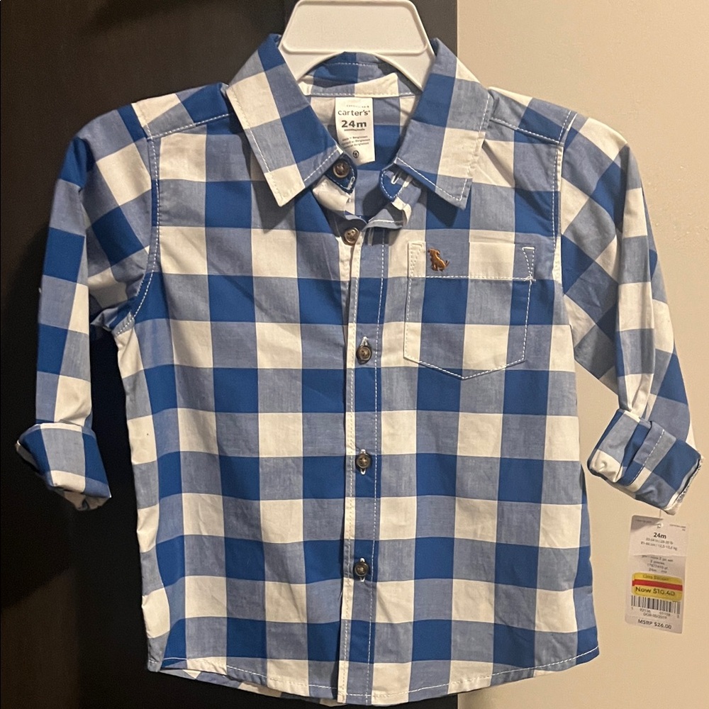 Carter's Blue and White Checkered Kids Shirt 24 months NWT